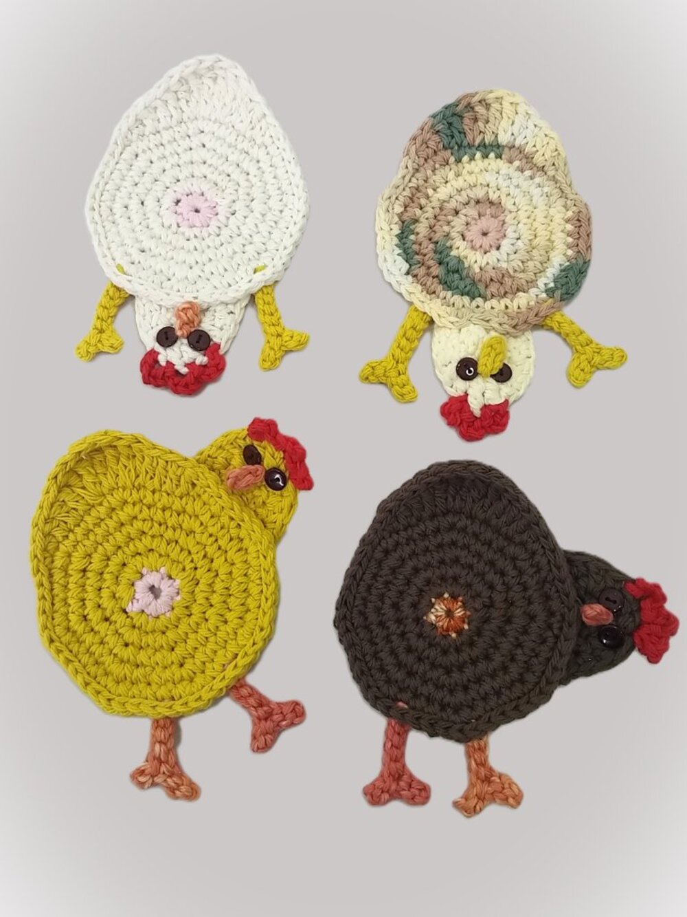 Handmade Crochet Chicken Butt Coasters Set of Two Peeking Hen Table Mug Rugs